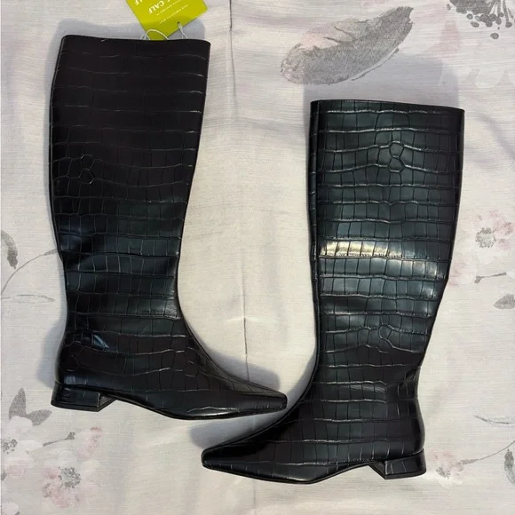 NEW Gianni Bini Black Leather Pointy Toe Croc Emboss Low Heel Knee High Boots 6- - Picture 8 of 14